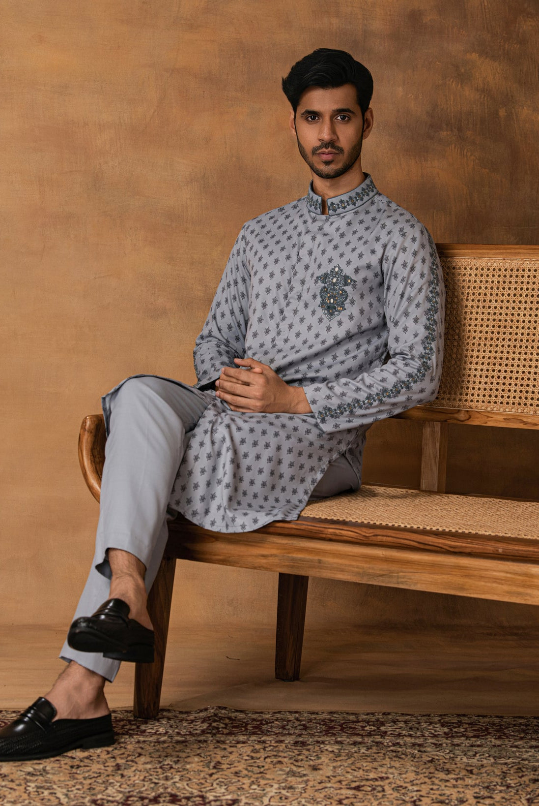 Grey Booti Print Kurta Set For Men Sitting View