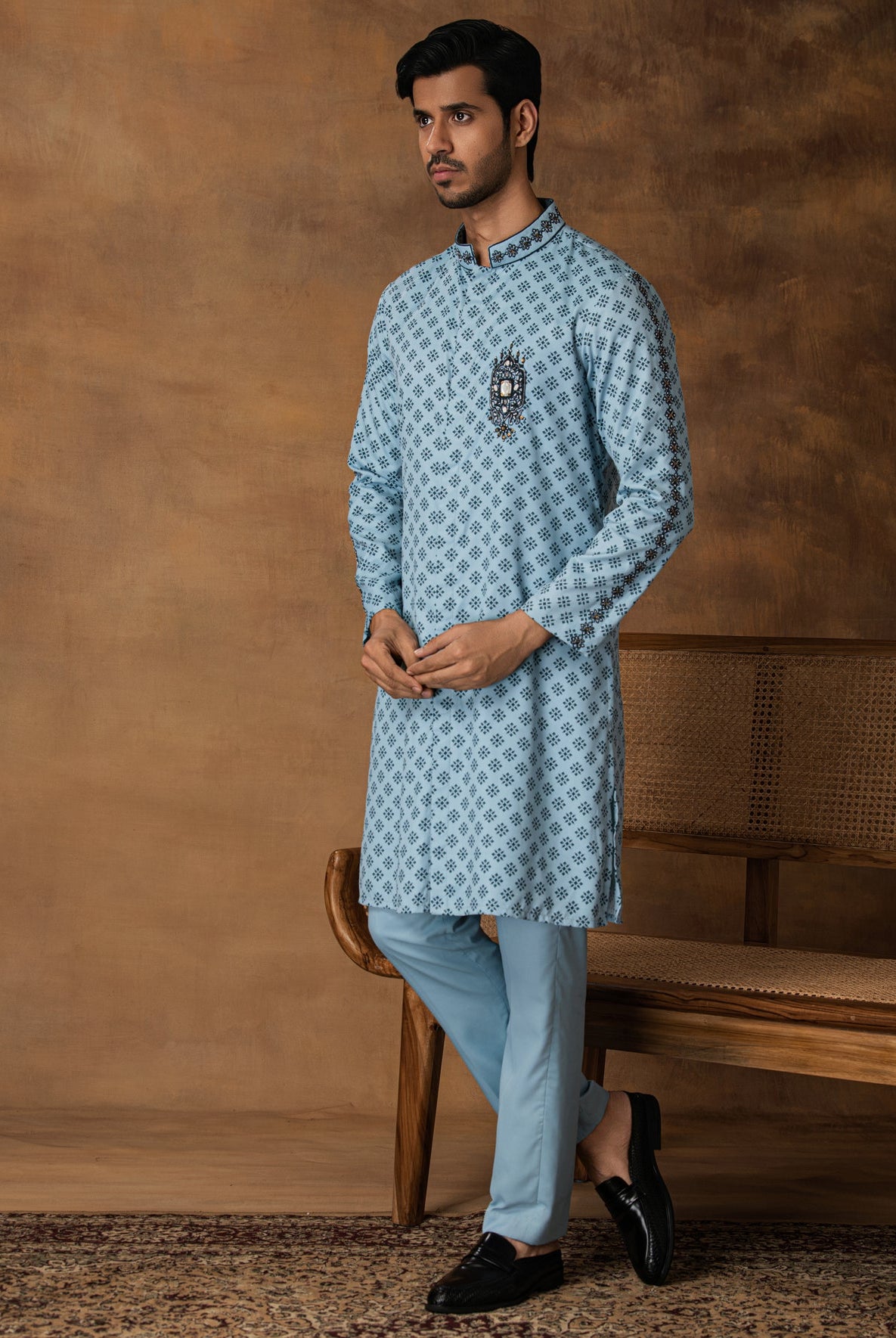 Powder Blue Booti Print Kurta Set For Men Side View