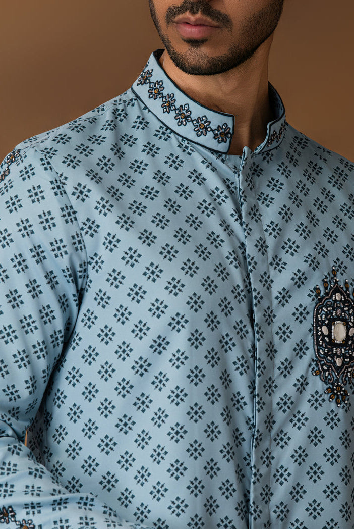 Powder Blue Booti Print Kurta Set For Men Close View