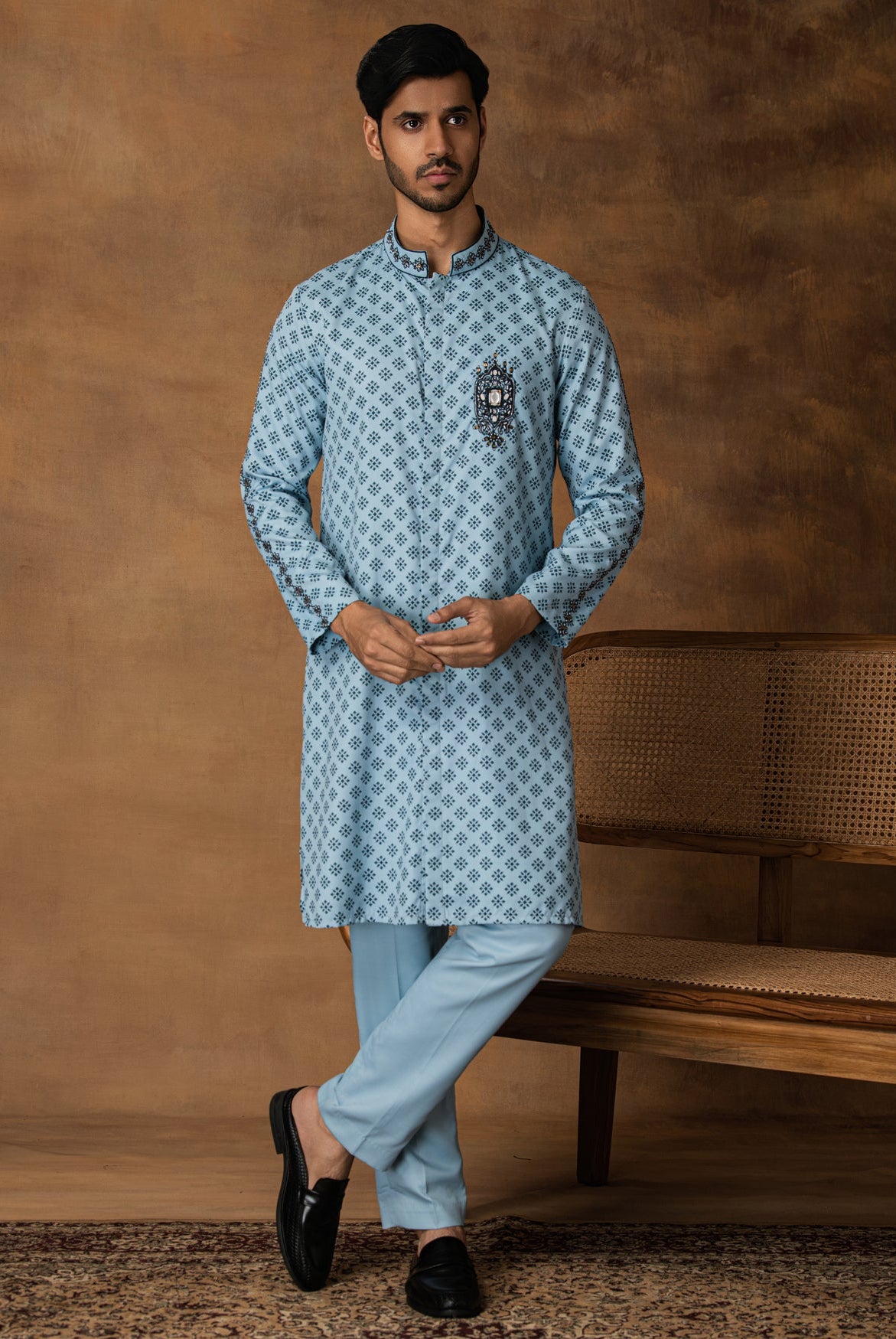Powder Blue Booti Print Kurta Set For Men Front View
