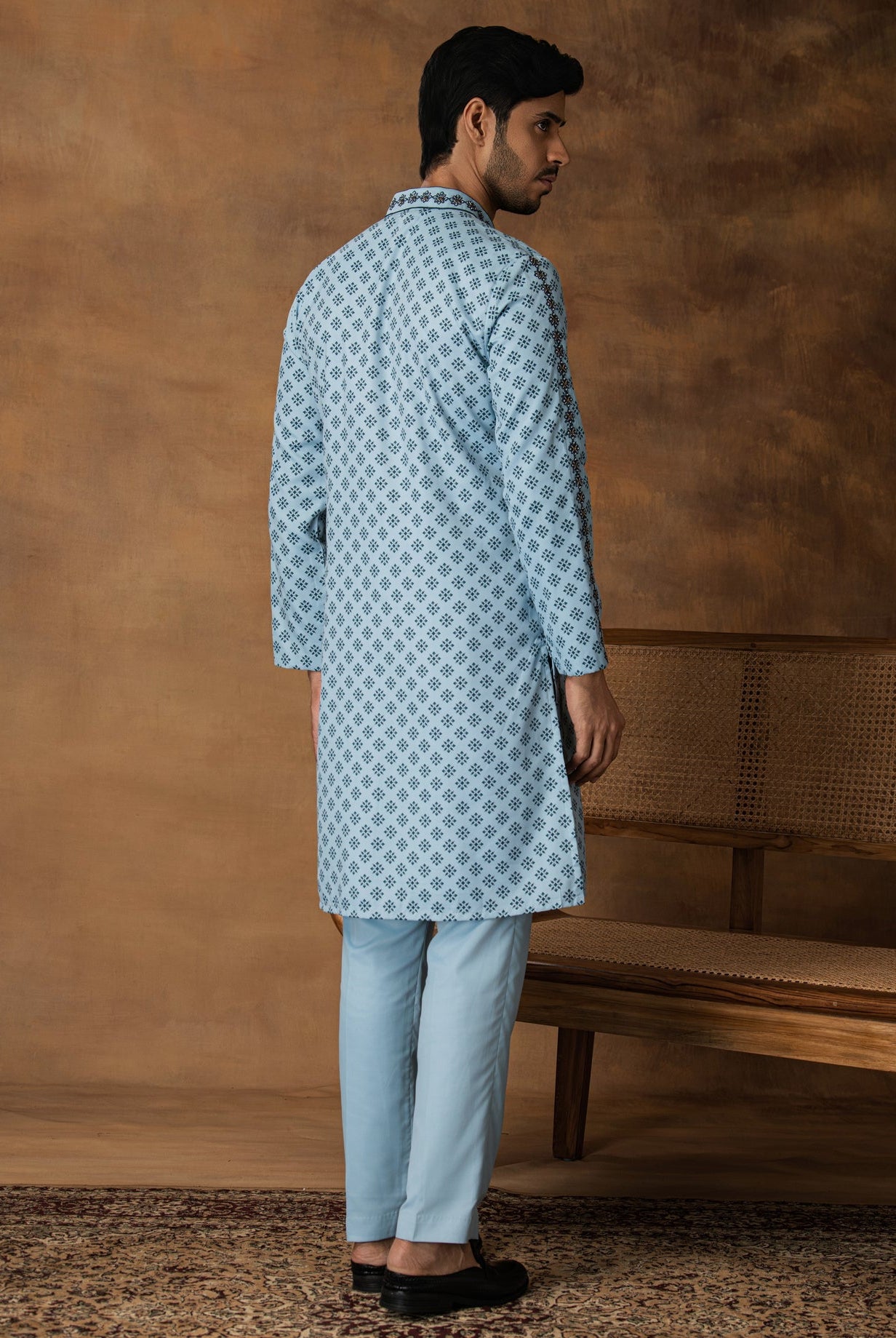 Powder Blue Booti Print Kurta Set For Men Back View