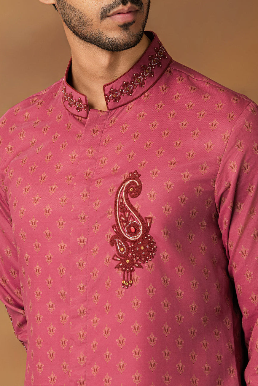 Onion Pink Booti Print Kurta Set For Men Close View