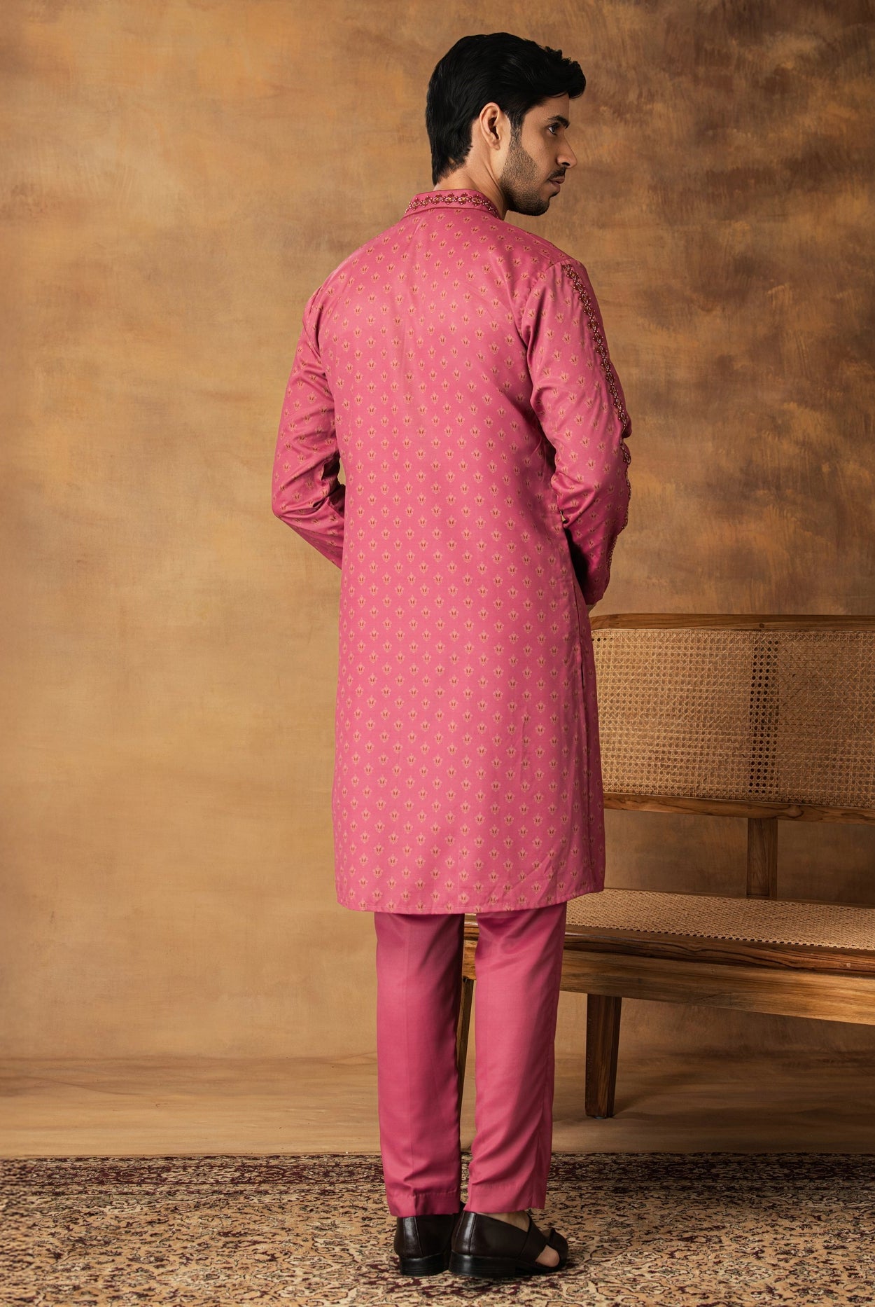 Onion Pink Booti Print Kurta Set For Men Back View