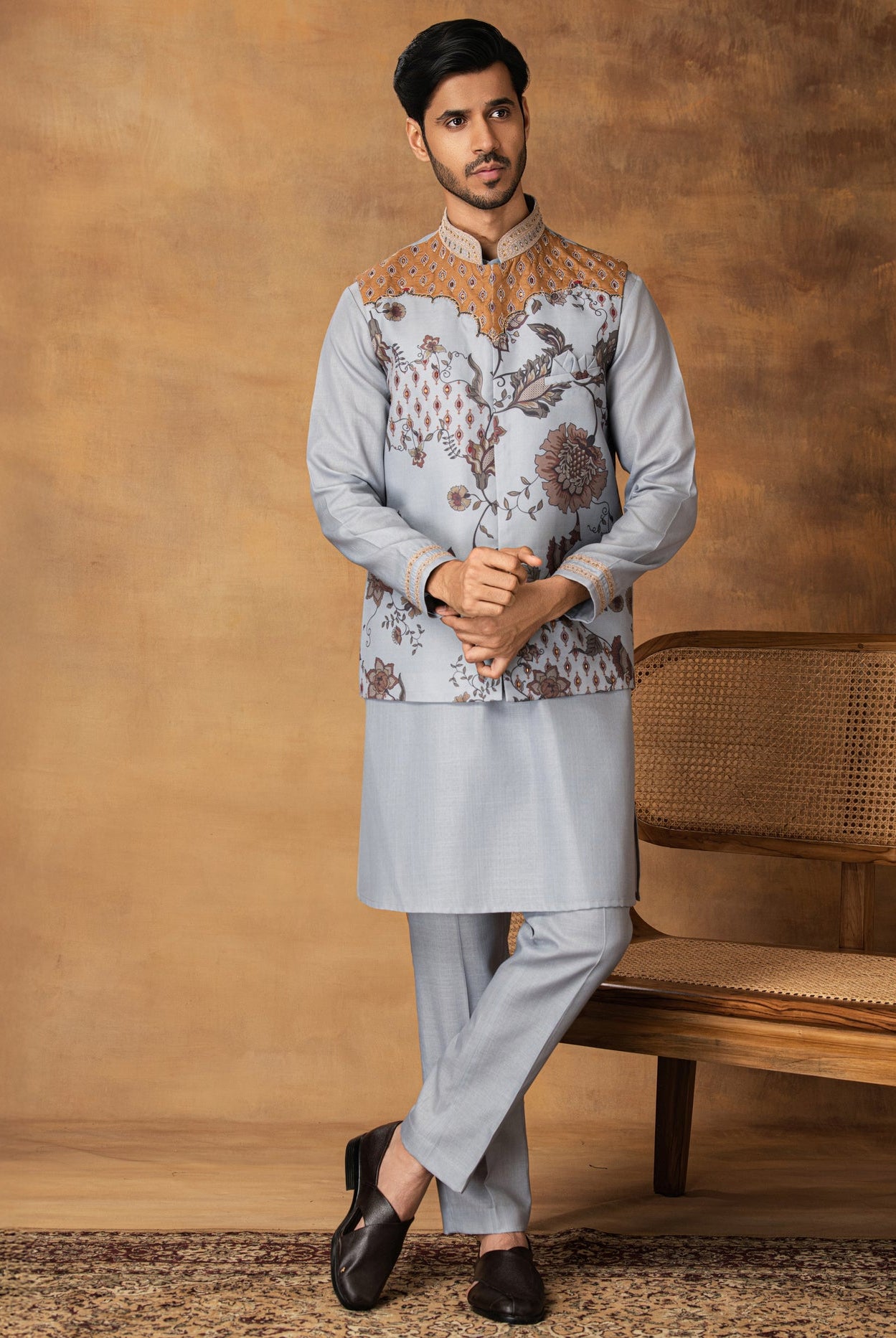 Grey Floral printed Nehru Jacket Set Front View