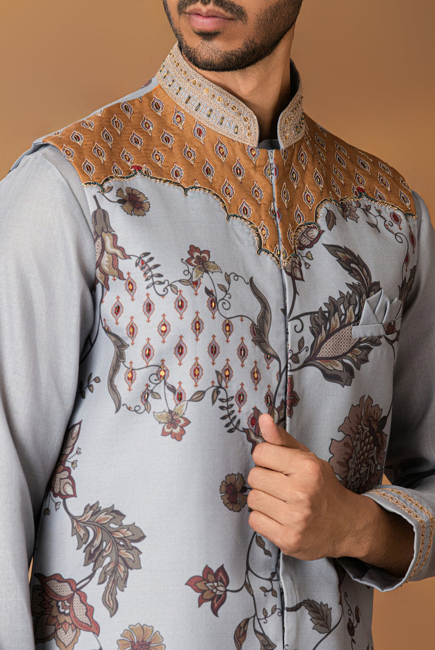 Grey Floral printed Nehru Jacket Set Close View