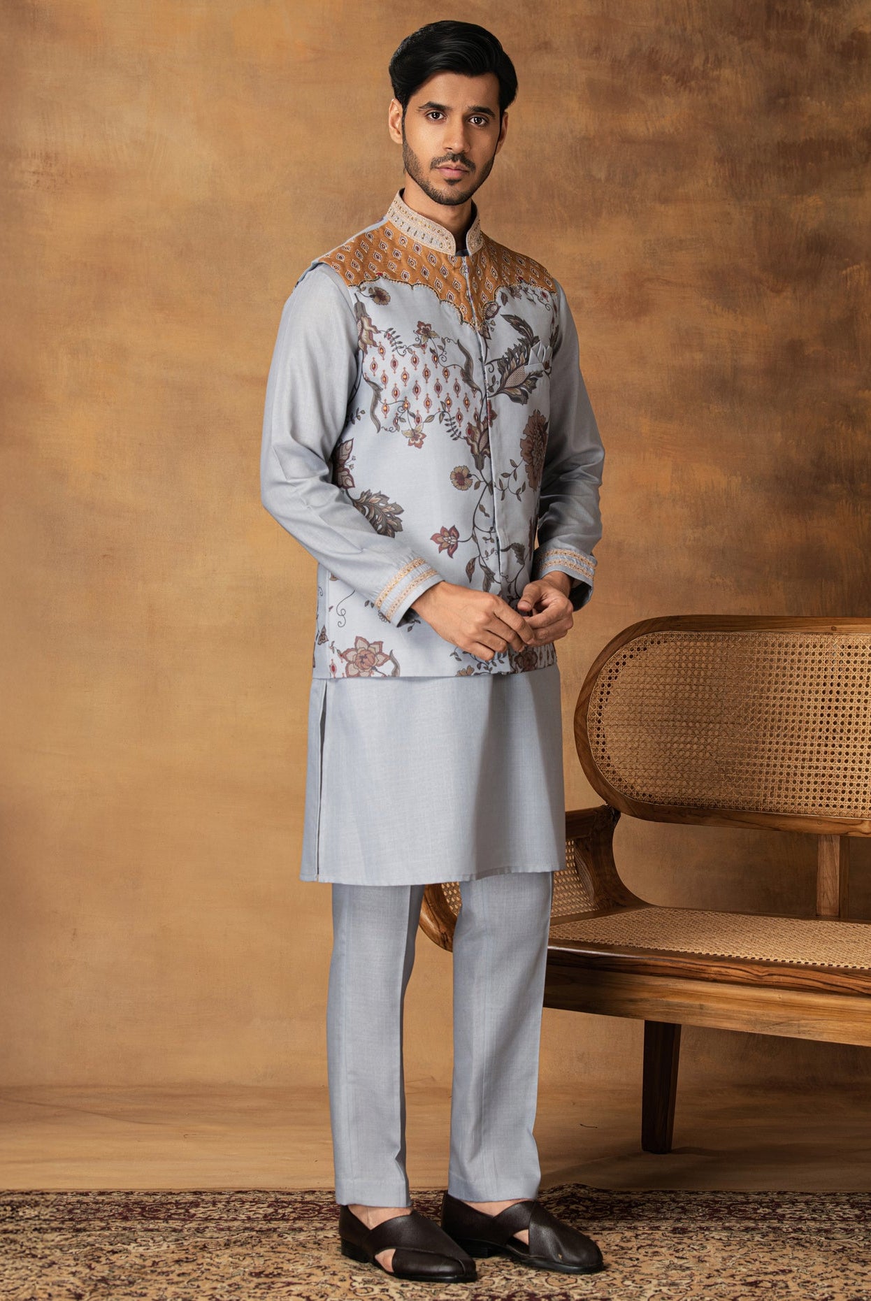 Grey Floral printed Nehru Jacket Set Side View