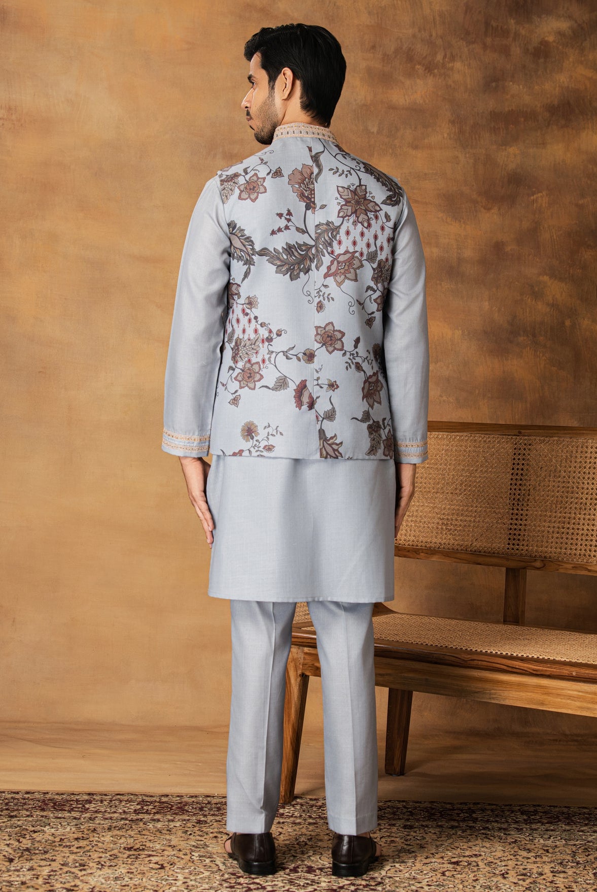 Grey Floral printed Nehru Jacket Set Back View
