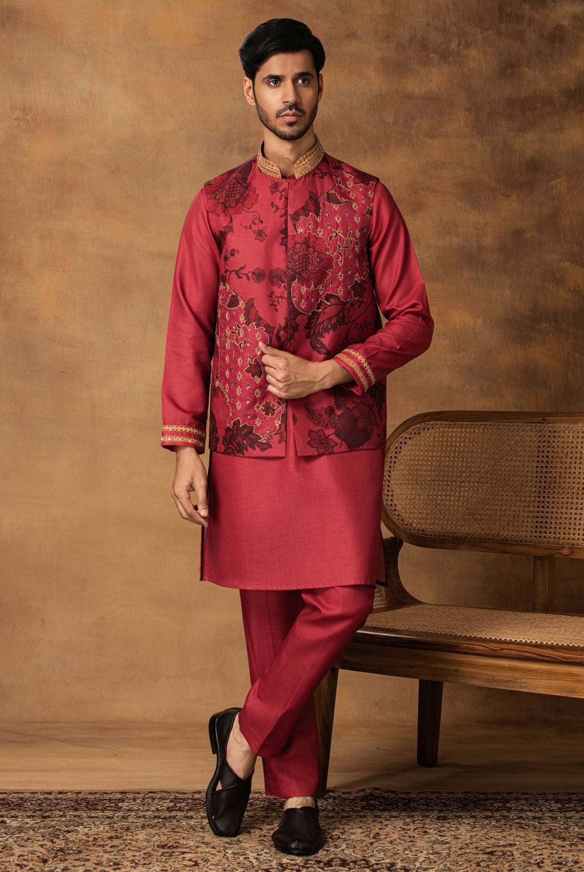 Onion Pink Floral printed Nehru Jacket Set Front View