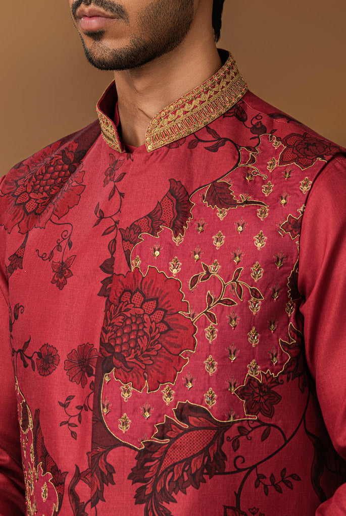 Onion Pink Floral printed Nehru Jacket Set Close View