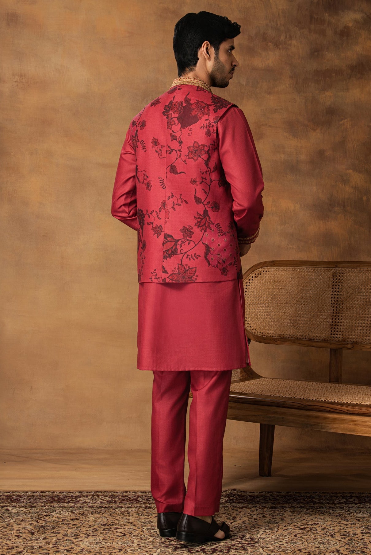 Onion Pink Floral printed Nehru Jacket Set Back View