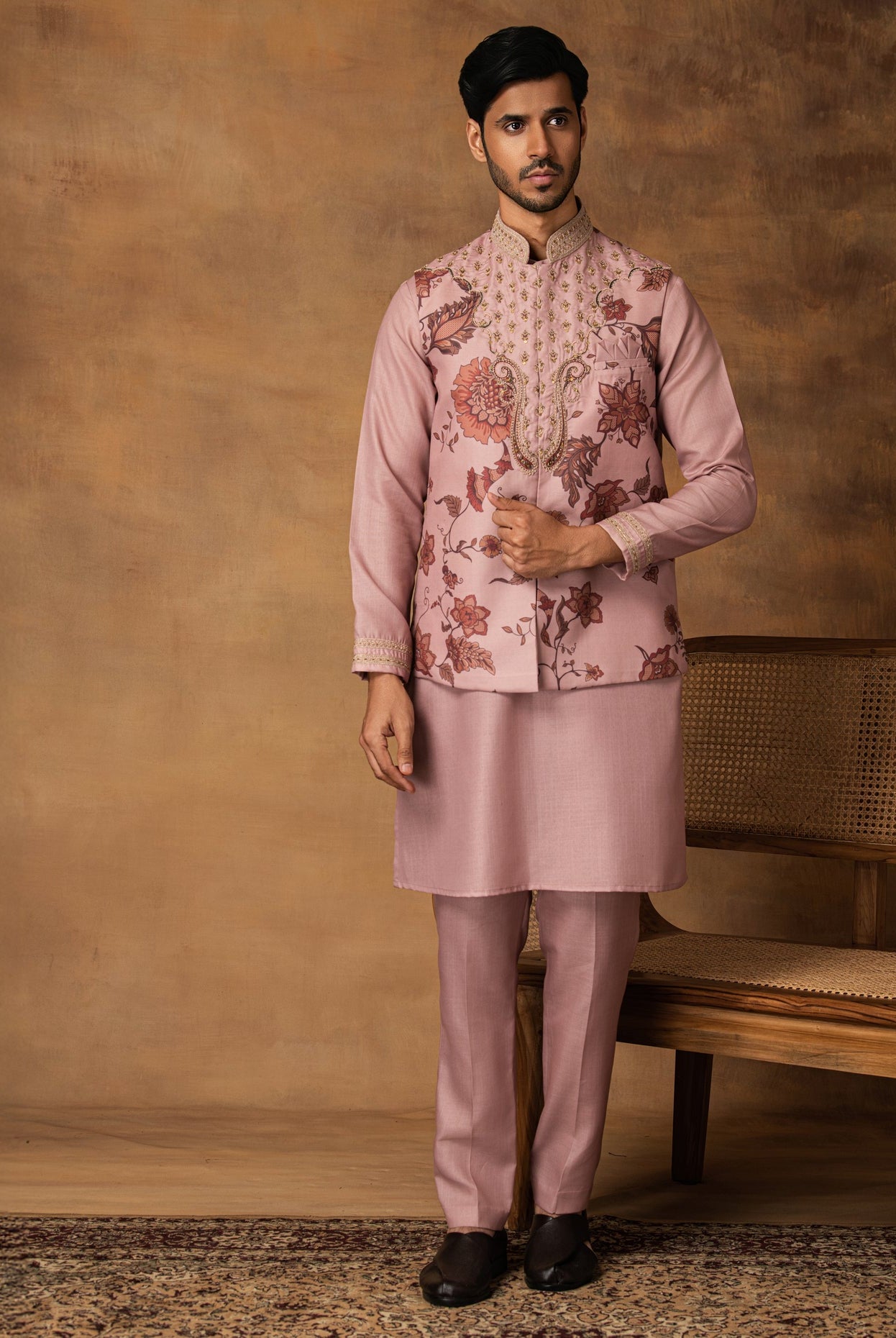 Pastel Pink Floral printed Nehru Jacket Set Front View