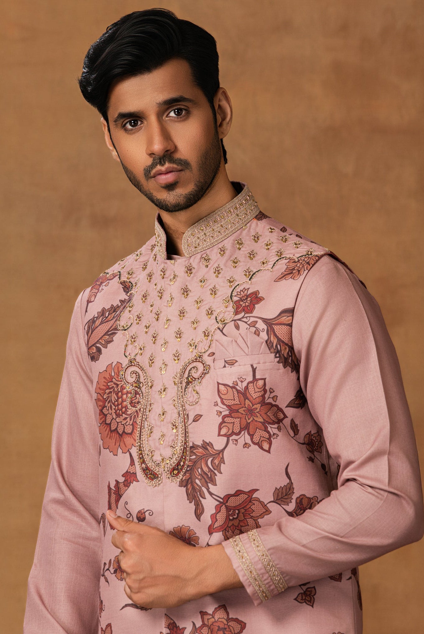Pastel Pink Floral printed Nehru Jacket Set Close View