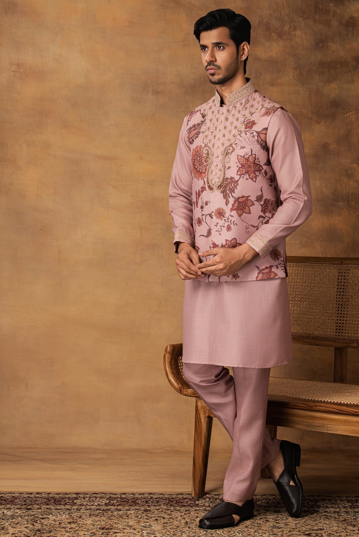Pastel Pink Floral printed Nehru Jacket Set Side left View