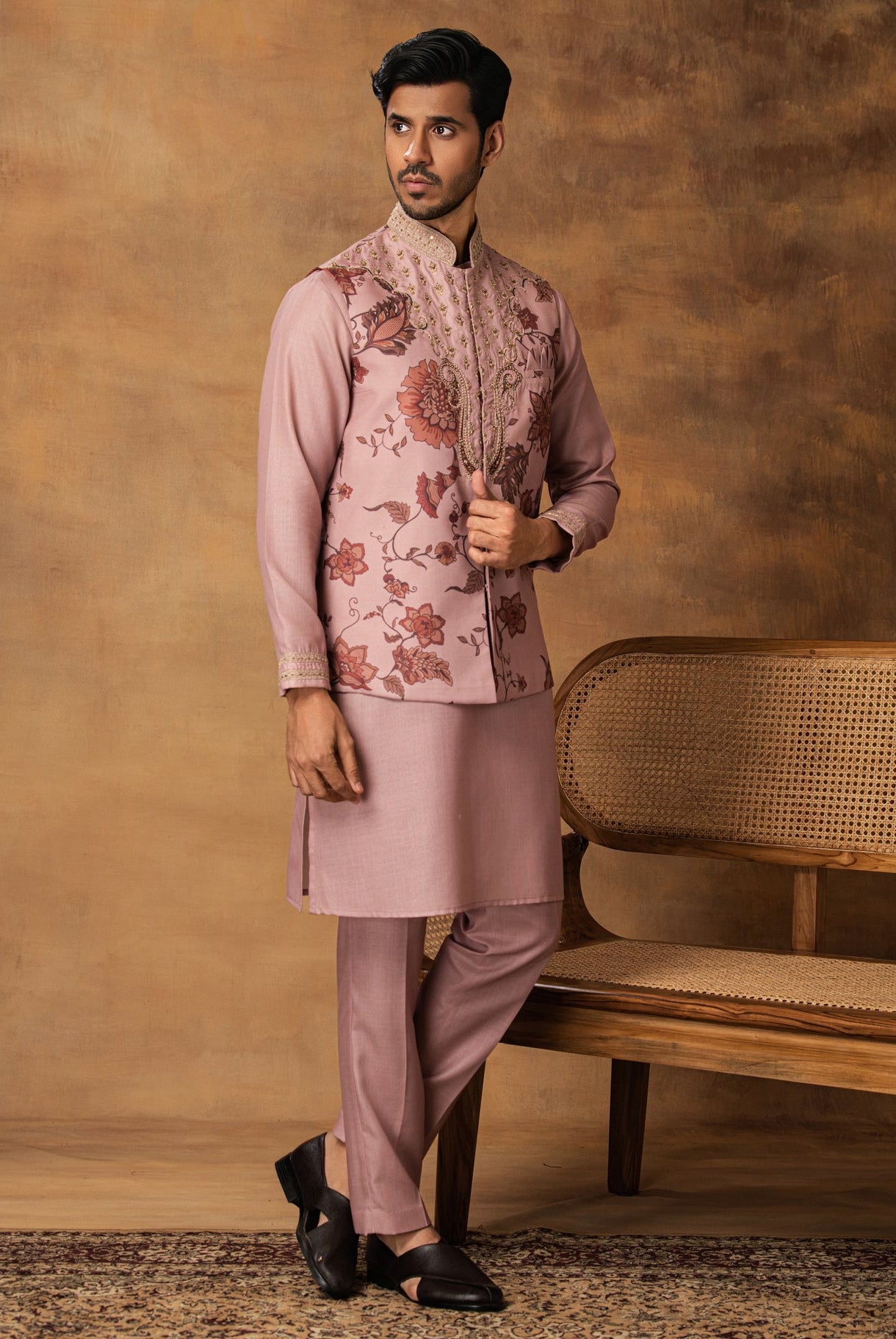 Pastel Pink Floral printed Nehru Jacket Set Side right View