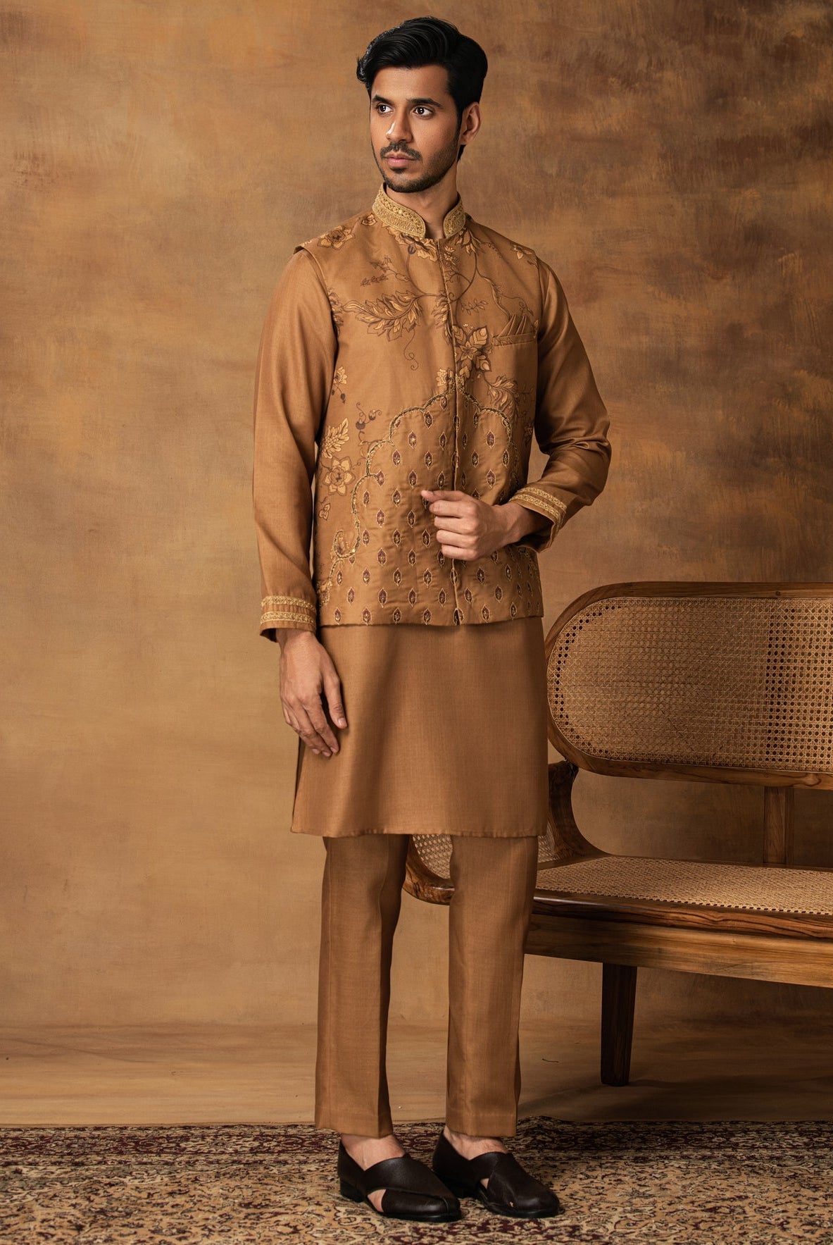 Golden Floral printed Nehru Jacket Set Front View
