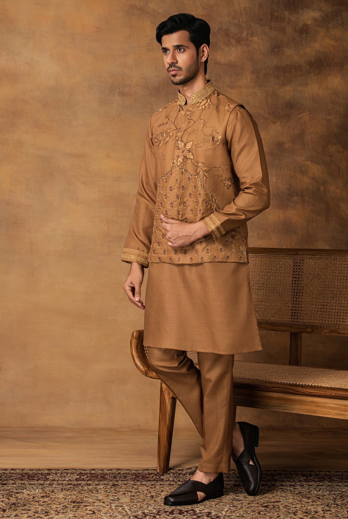 Golden Floral printed Nehru Jacket Set Side View