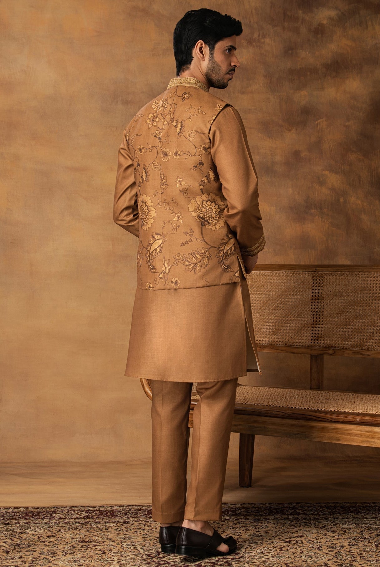 Golden Floral printed Nehru Jacket Set Back View