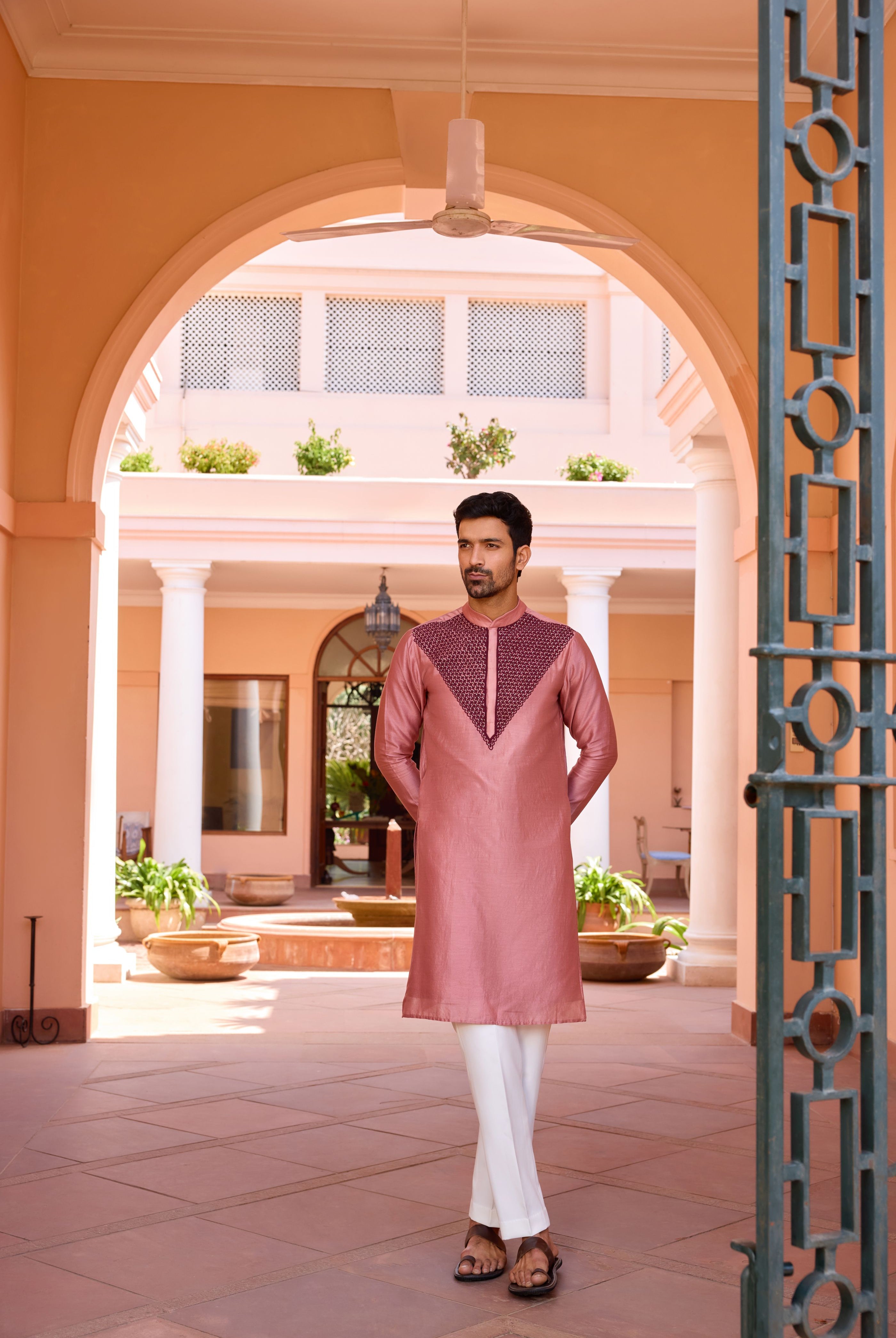 Cameo pink dori and hand embroidered kurta set