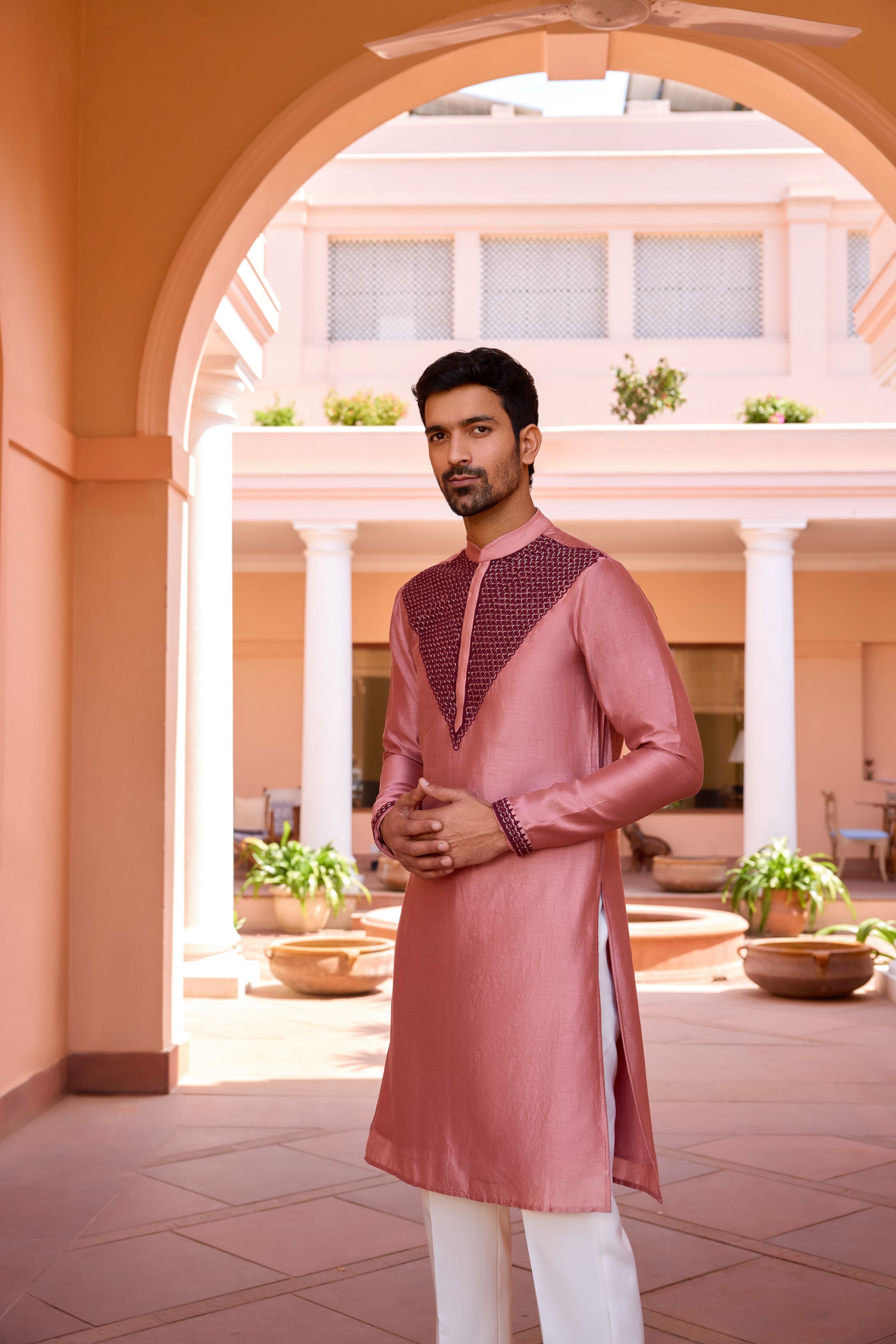 Cameo pink dori and hand embroidered kurta