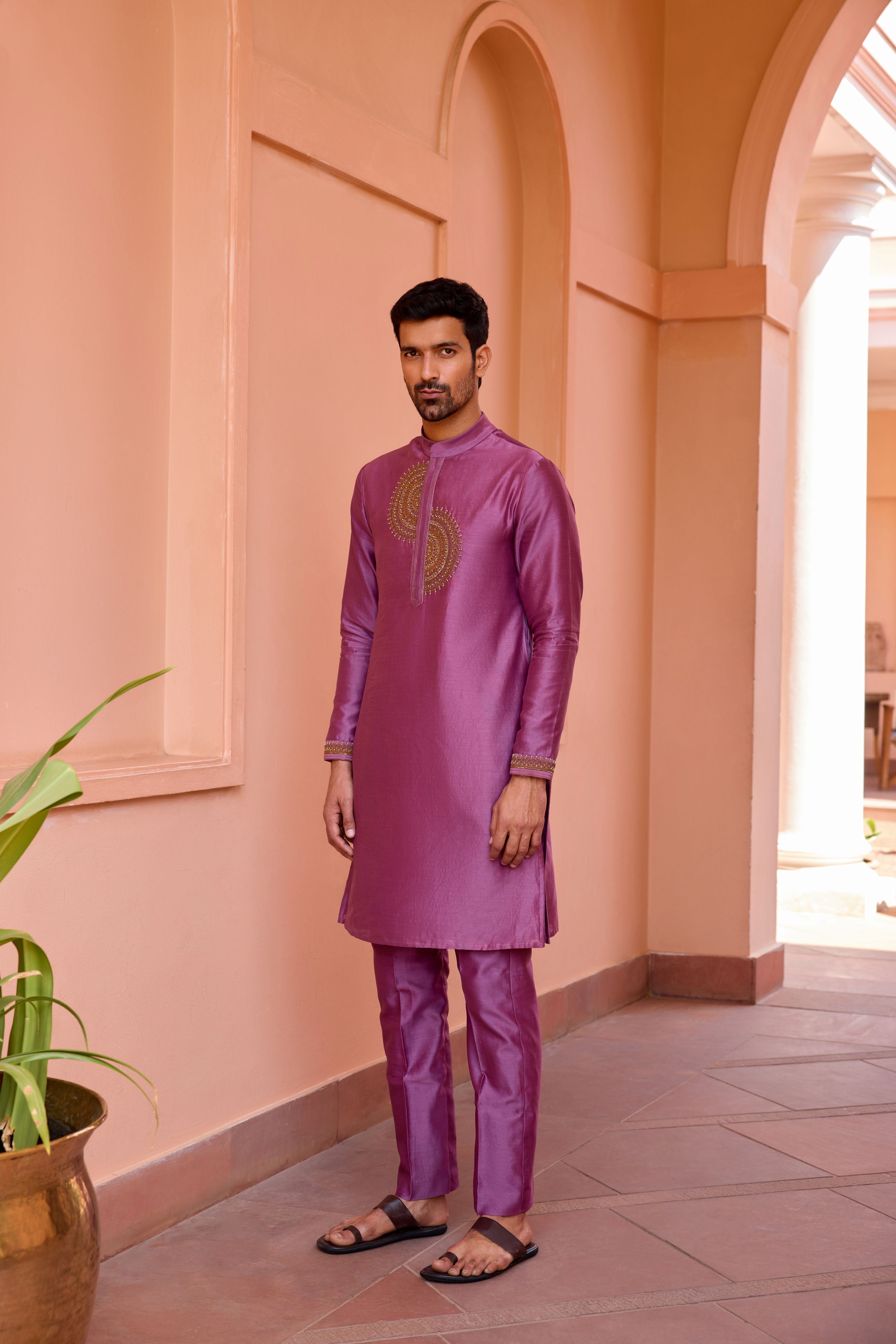 Plum earthy pink dori and hand embroidered silk kurta set