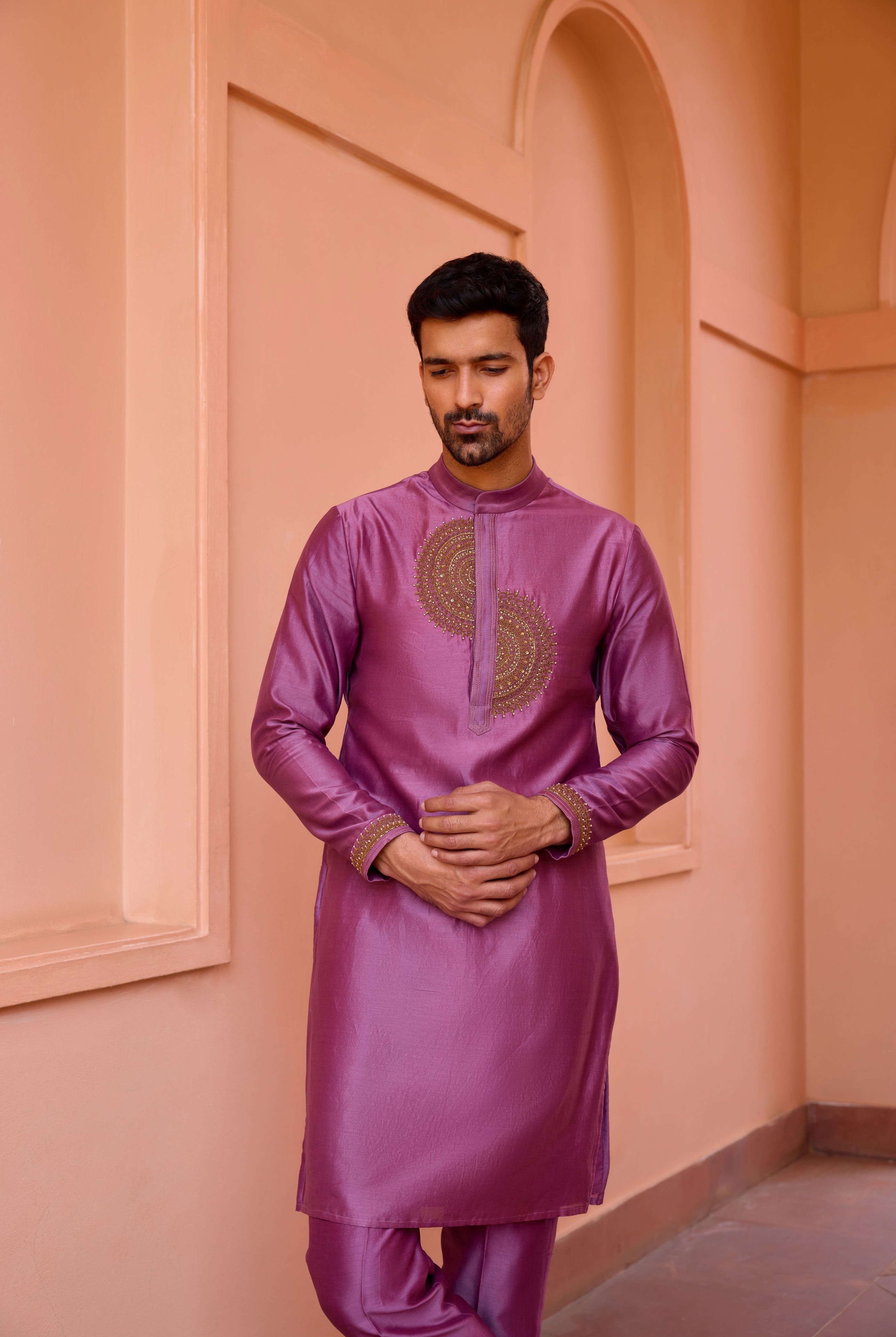 Plum earthy pink dori and hand embroidered silk kurta