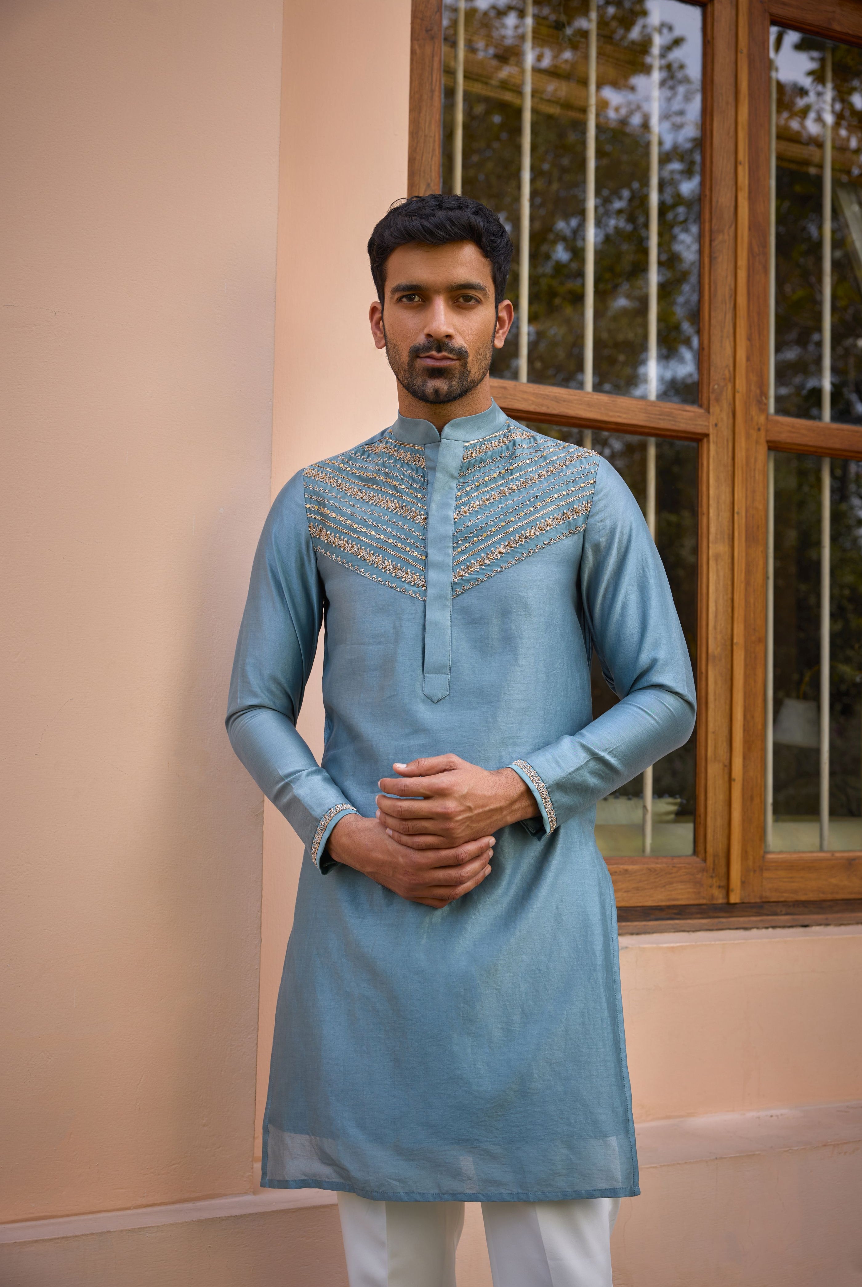 Grey dori and hand embroidered silk kurta