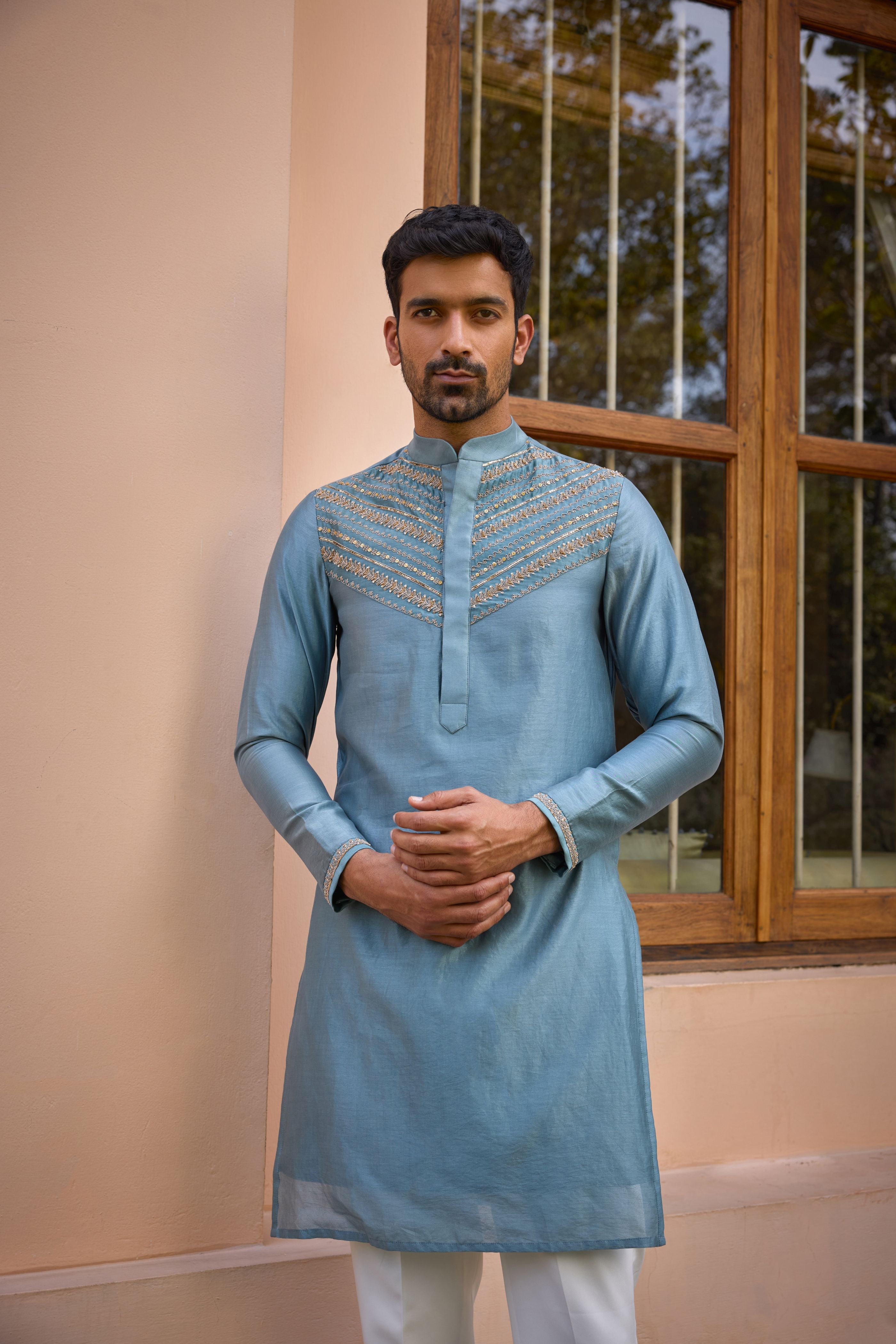Grey dori and hand embroidered silk kurta