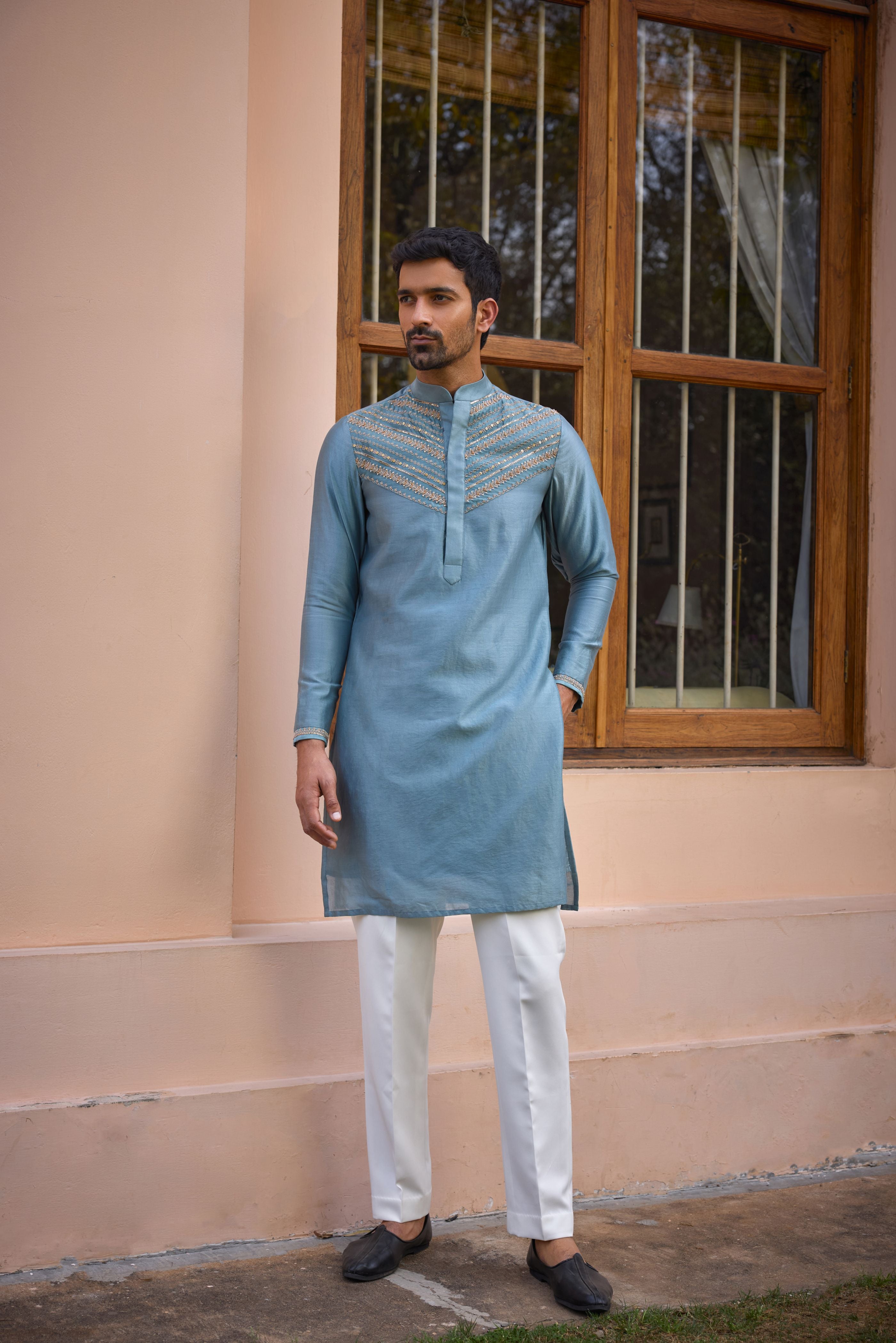 Grey dori and hand embroidered silk kurta set