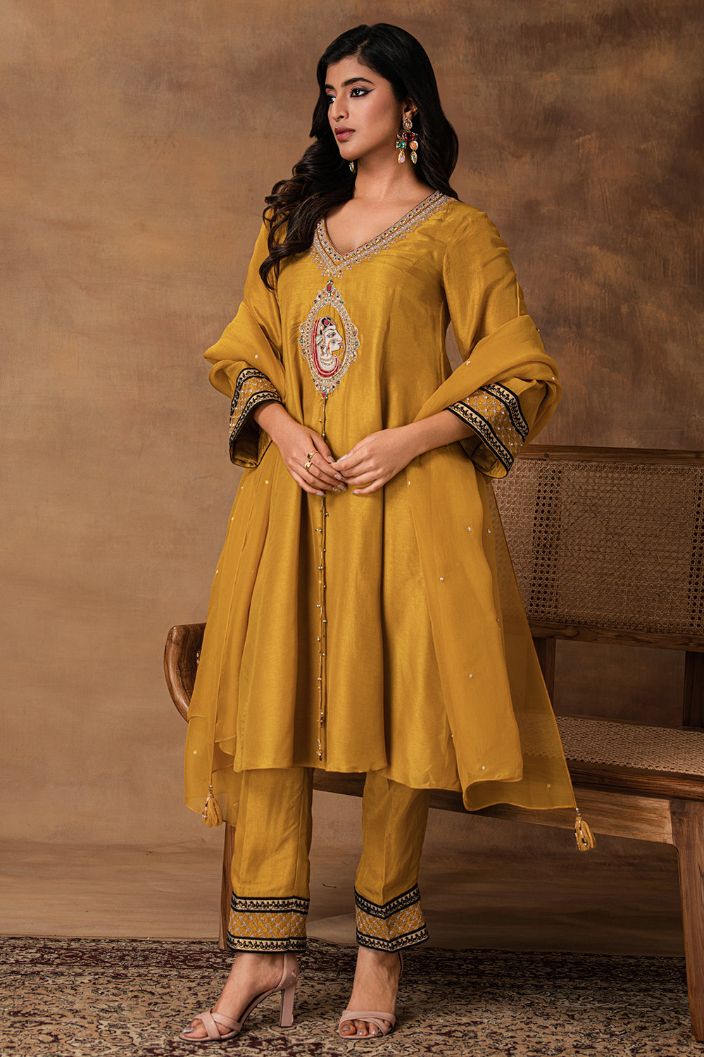 Ambar Golden Yellow Silk Embroidered Kurta Set with Organza Dupatta – Side View