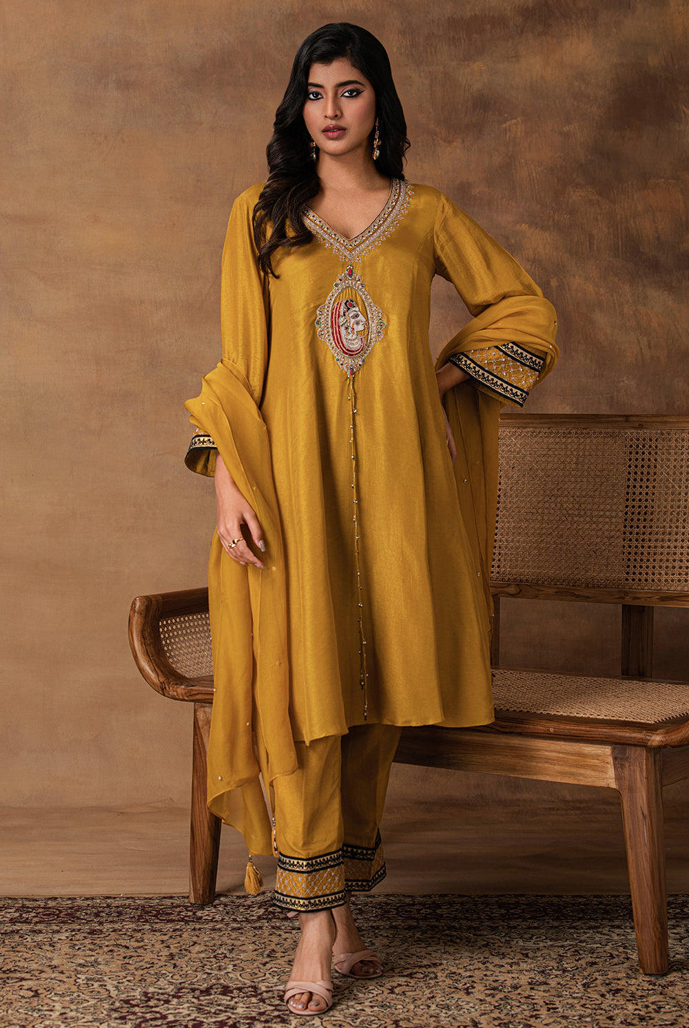 Ambar Golden Yellow Silk Embroidered Kurta Set with Organza Dupatta – Front View