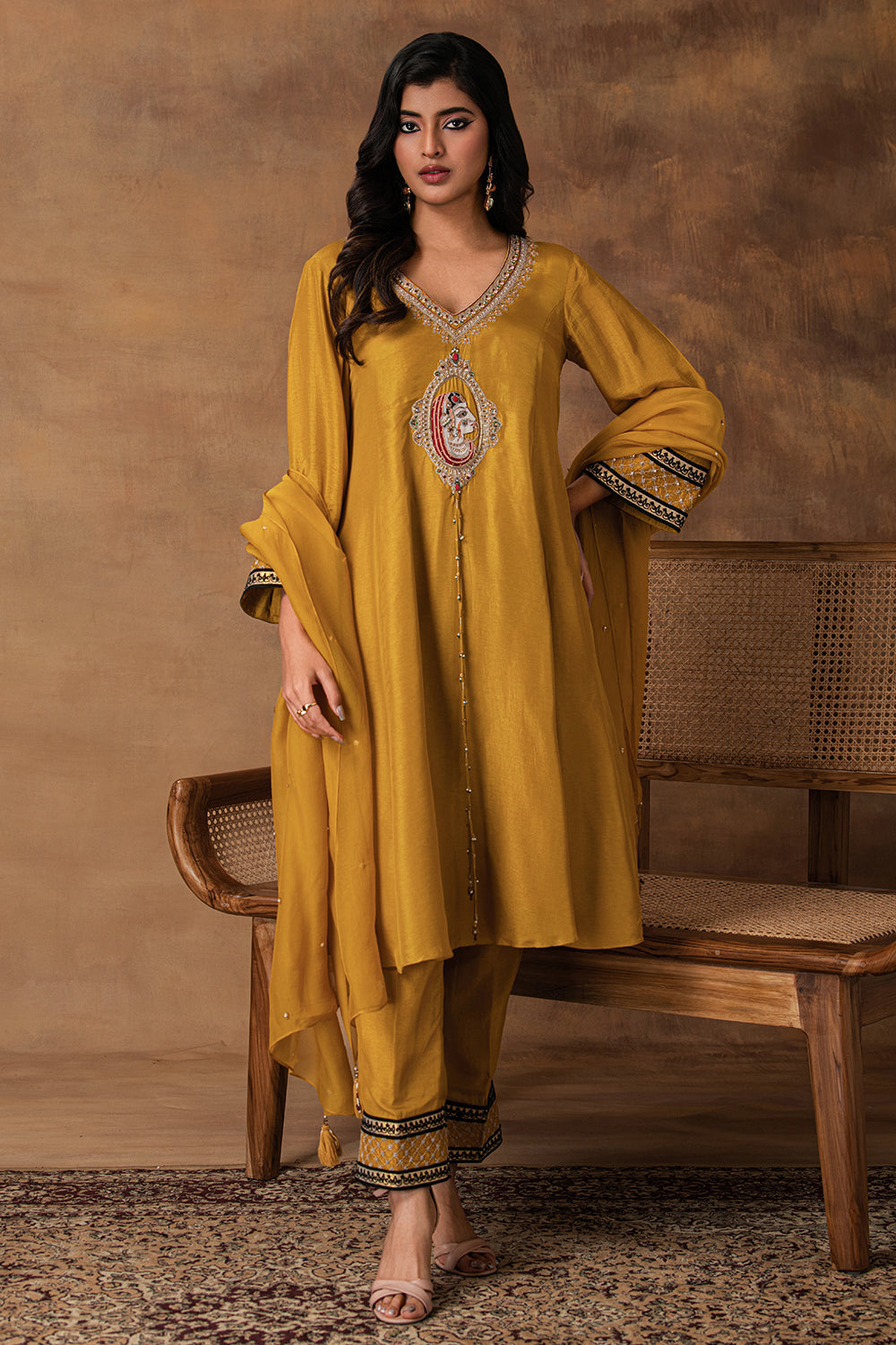 Ambar Golden Yellow Silk Embroidered Kurta Set with Organza Dupatta – Front View