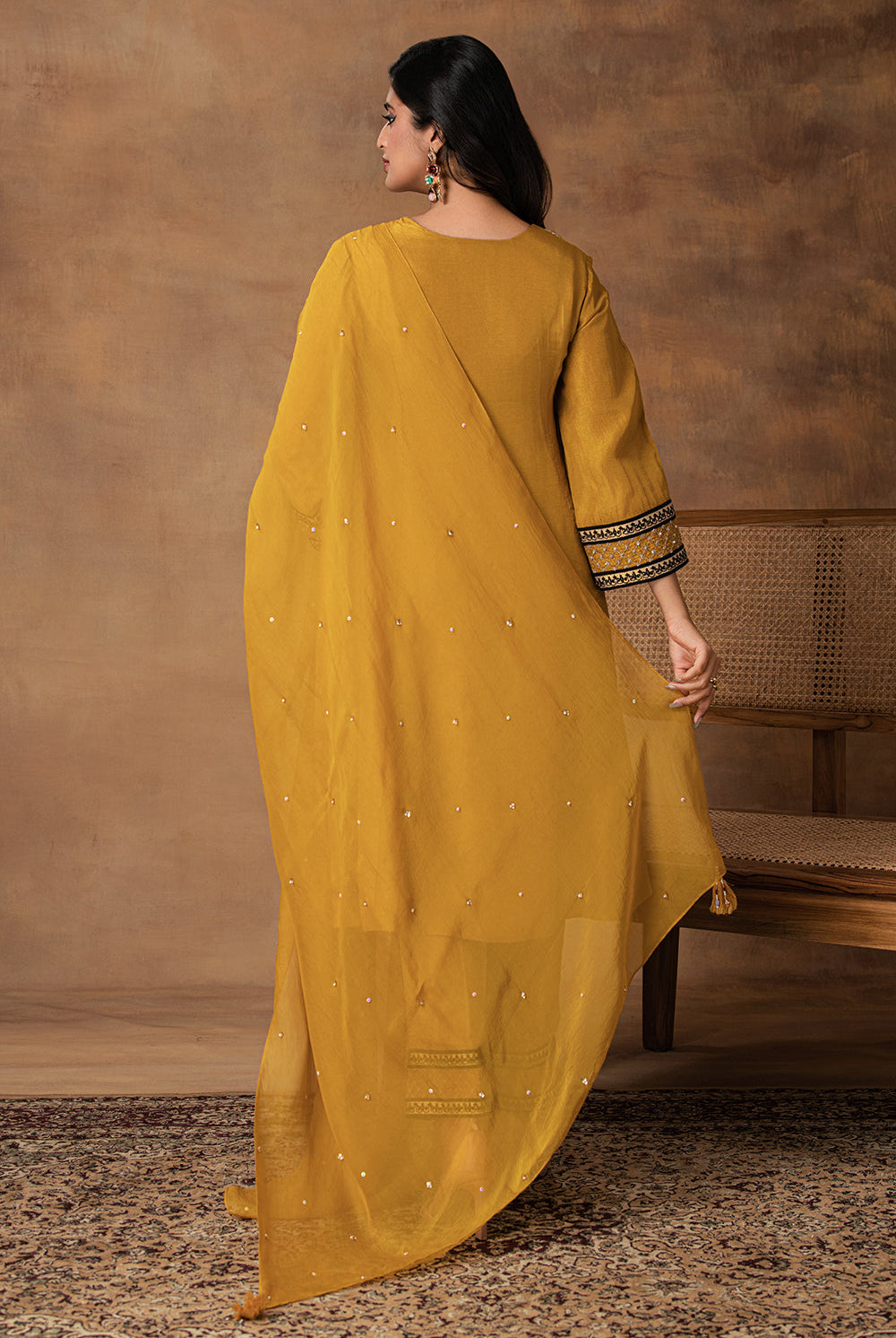 Ambar Golden Yellow Silk Embroidered Kurta Set with Organza Dupatta – Close-Up View