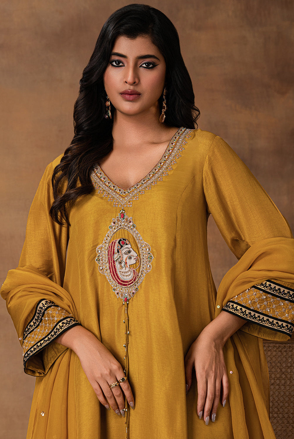 Ambar Golden Yellow Silk Embroidered Kurta Set with Organza Dupatta – Back View