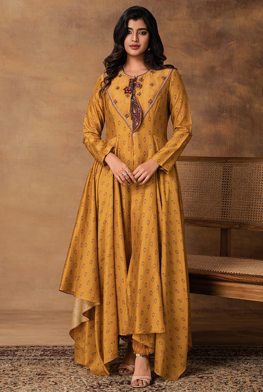 Ghazal Mustard Gold Chanderi Asymmetric Kurta Set – Front View