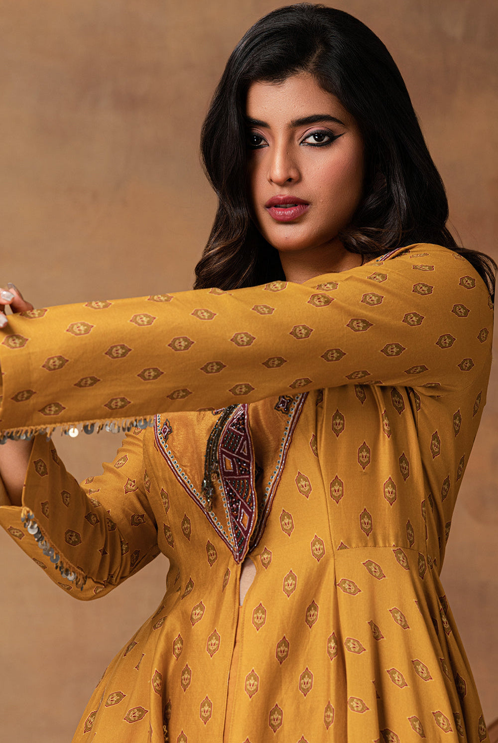Ghazal Mustard Gold Chanderi Asymmetric Kurta Set – Back View