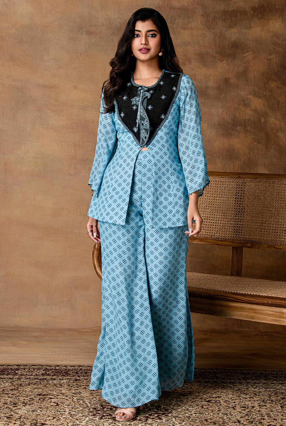 Jashn Powder Blue Printed Crepe Peplum Co-Ord Set – Front View