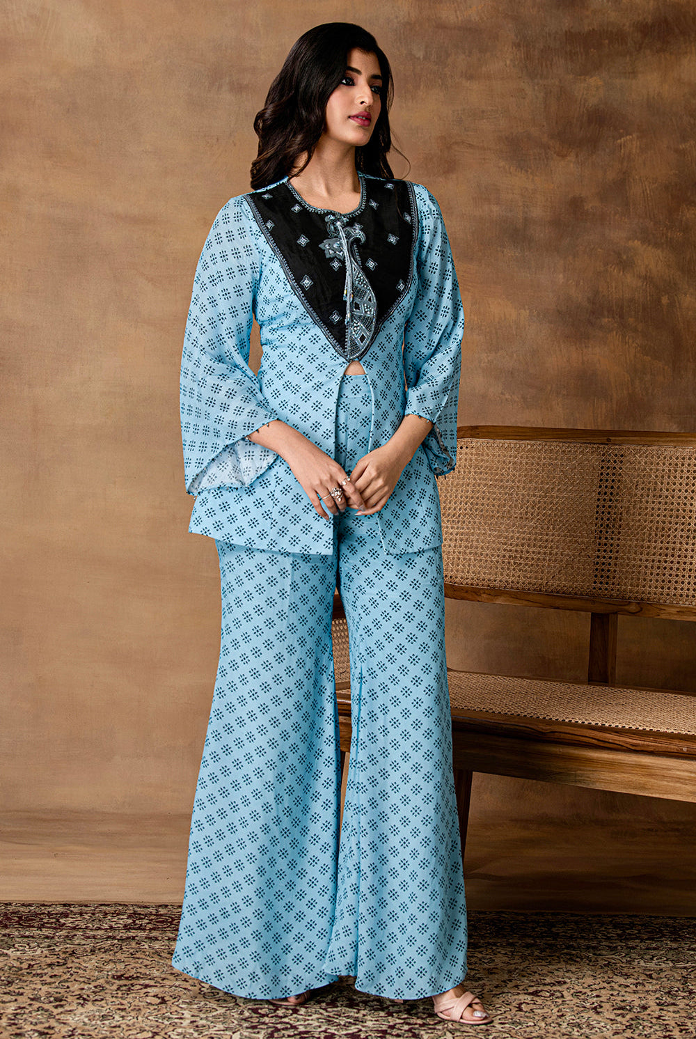 Jashn Powder Blue Printed Crepe Peplum Co-Ord Set – Left-Side View