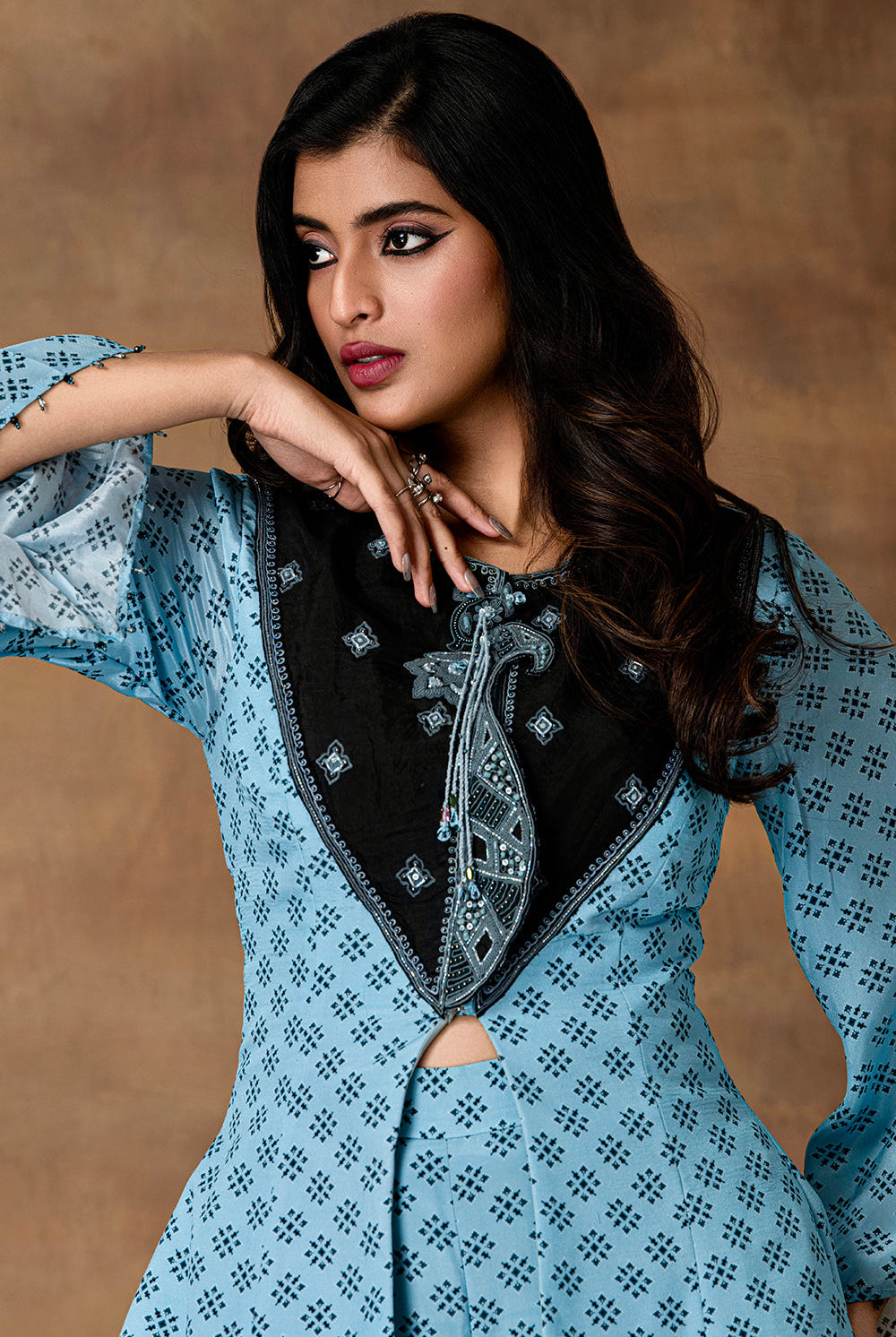 Jashn Powder Blue Printed Crepe Peplum Co-Ord Set – Close-up View