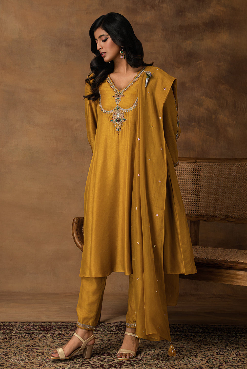 Rajsi Golden Yellow Silk Embroidered Kurta Set with Organza Dupatta – Side View