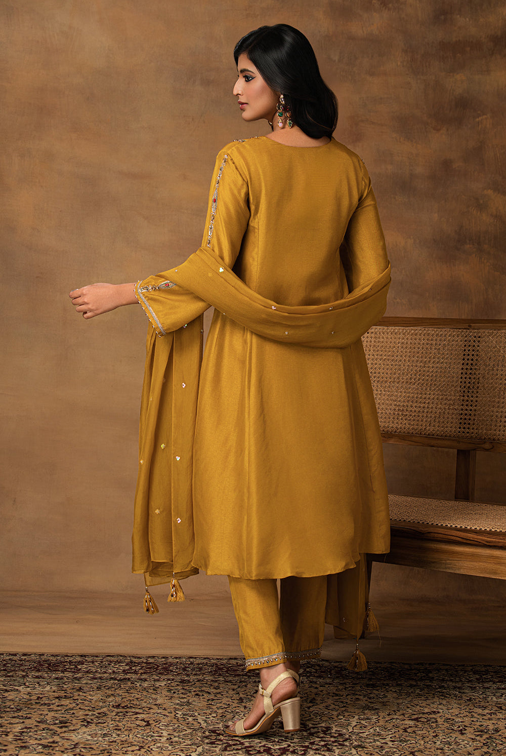 Rajsi Golden Yellow Silk Embroidered Kurta Set with Organza Dupatta – Close-Up View