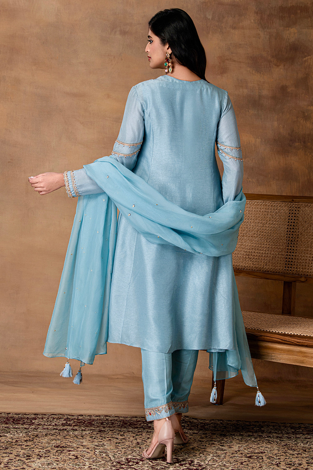 Rumi Powder Blue Silk Embroidered Kurta Set with Organza Dupatta – crossed View