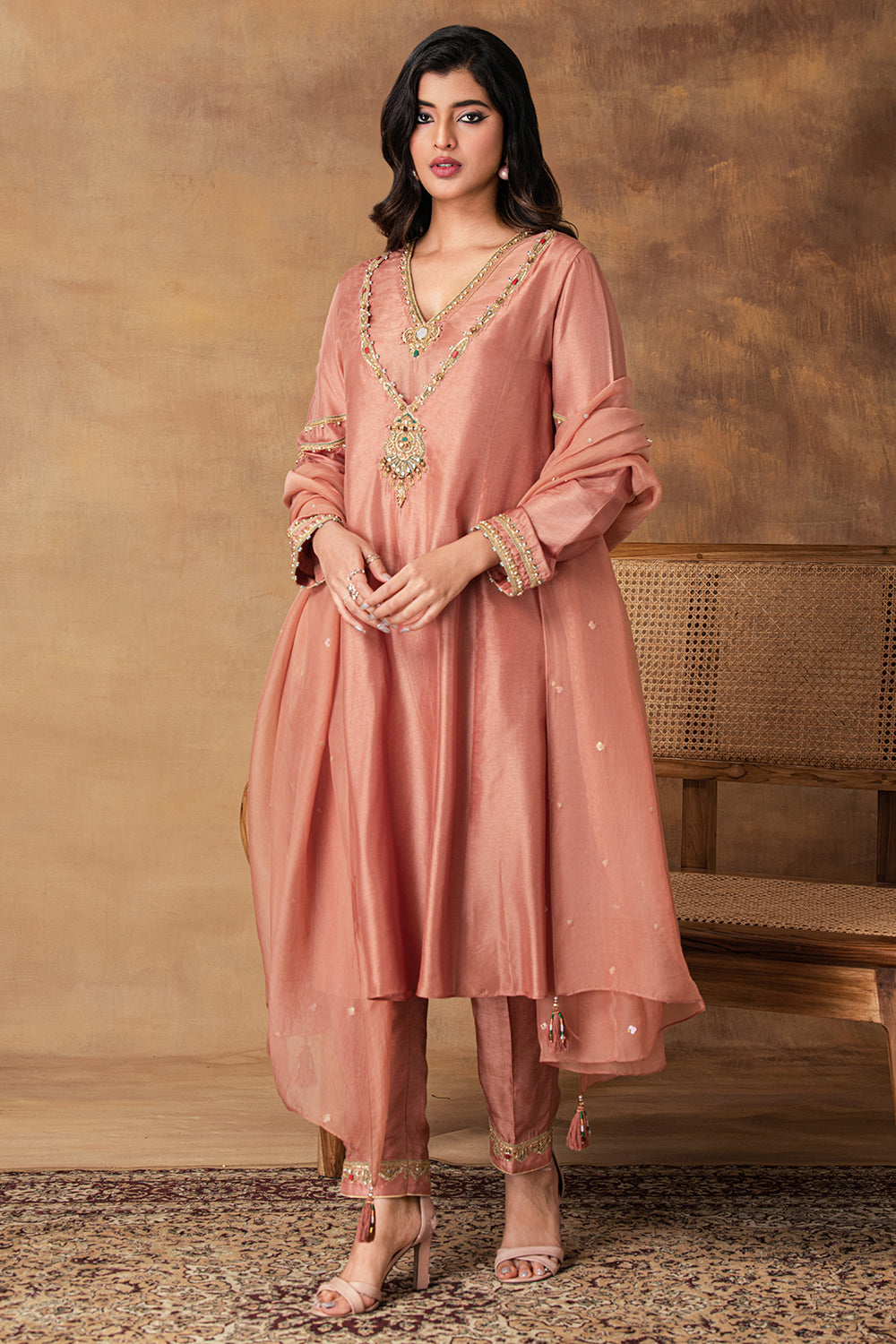 Shyaamras Mocha Pink Silk Embroidered Kurta Set with Organza Dupatta – Front View