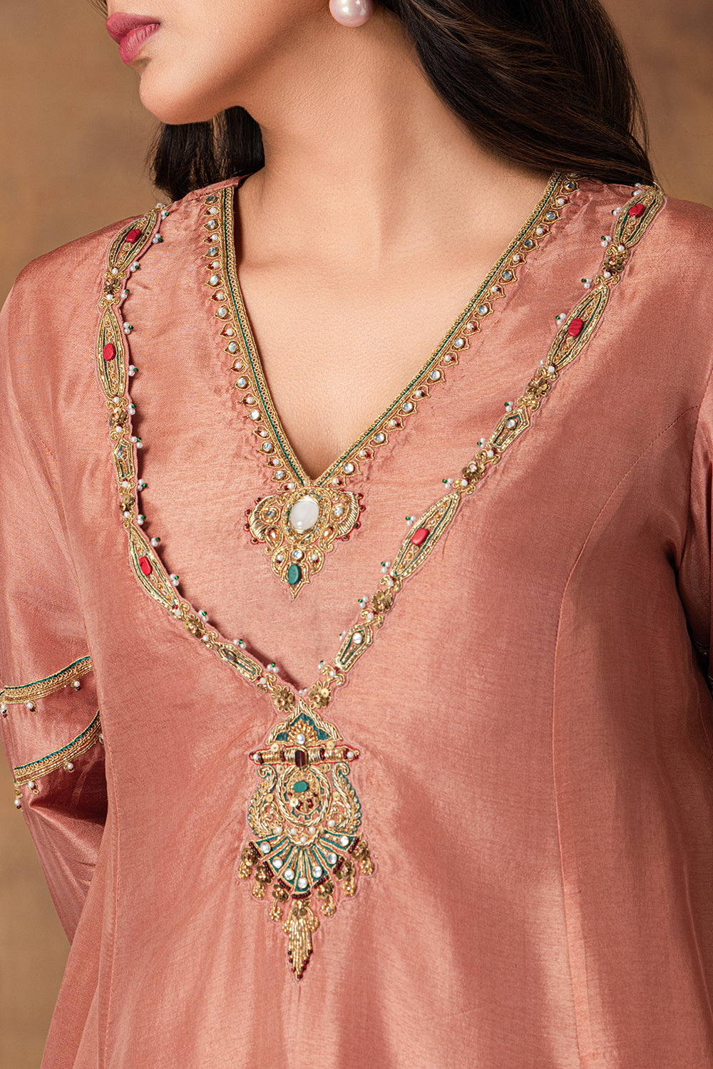 Shyaamras Mocha Pink Silk Embroidered Kurta Set with Organza Dupatta – Back View