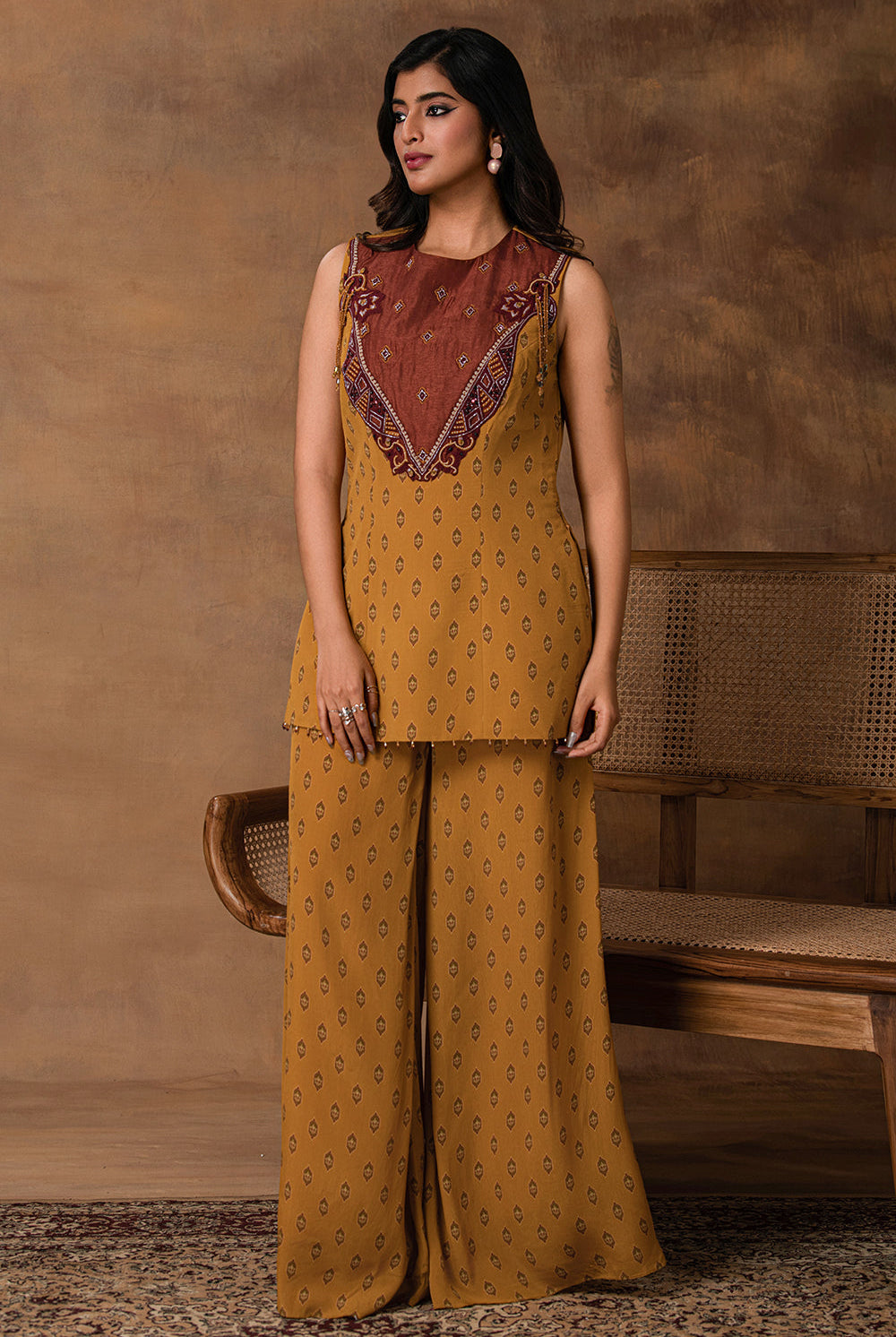 Taraab Mustard Gold Crepe Peplum Co-Ord Set – Front View