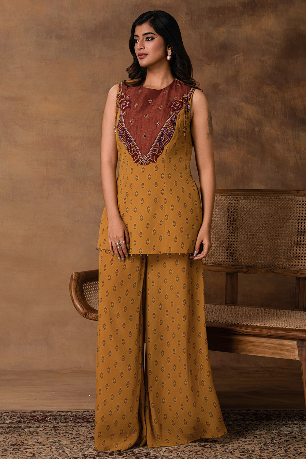 Taraab Mustard Gold Crepe Peplum Co-Ord Set – Front View