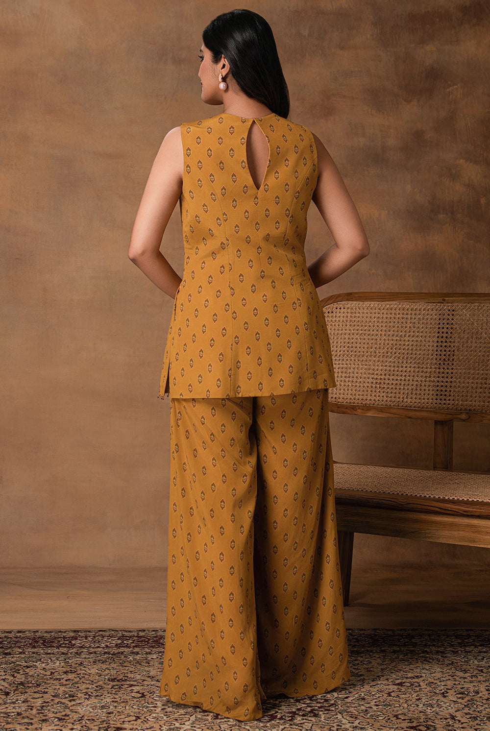 Taraab Mustard Gold Crepe Peplum Co-Ord Set – Close-up View