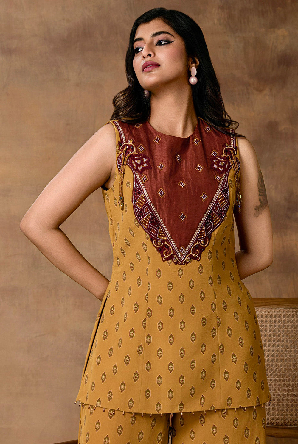 Taraab Mustard Gold Crepe Peplum Co-Ord Set – Back View