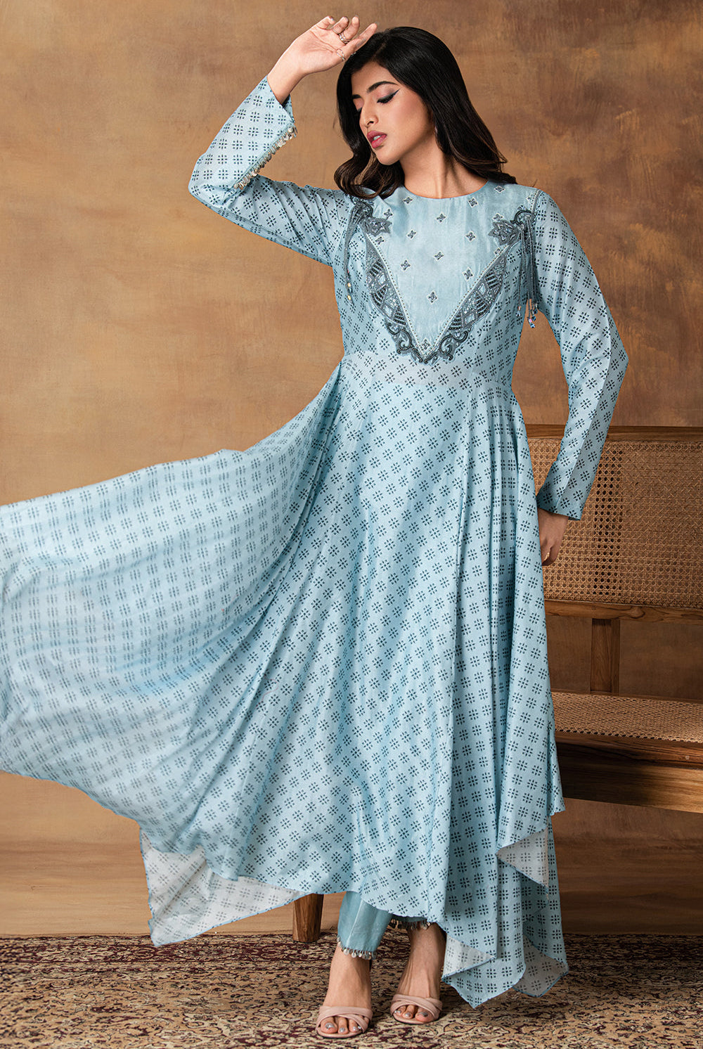 Zeenat Powder Blue Chanderi Asymmetric Kurta Set – Side View