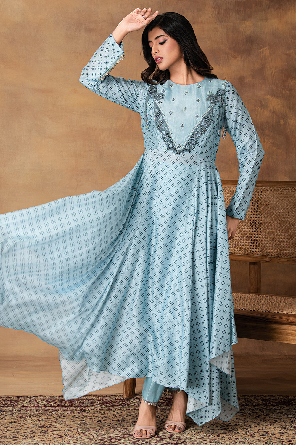Zeenat Powder Blue Chanderi Asymmetric Kurta Set – Side View