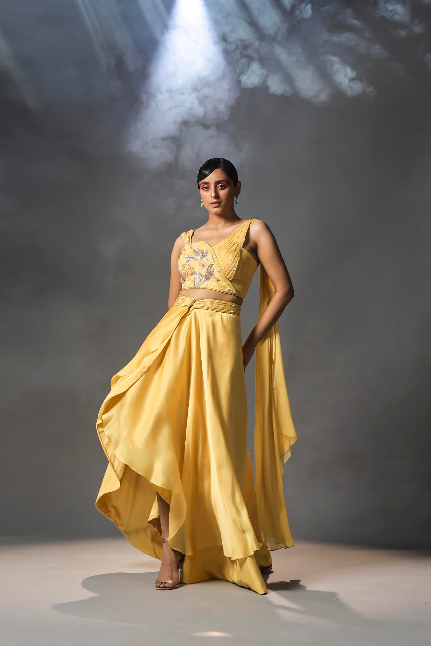 Daffodil wrap around skirt with draped top and attached dupatta Isha Gupta Tayal Daffodil wrap around skirt with draped top and attached dupatta Isha Gupta Tayal
